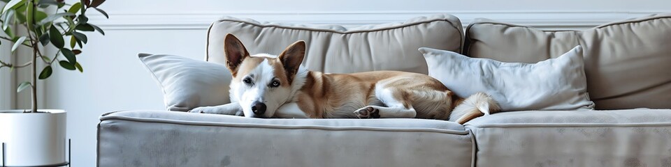 Wall Mural - Dog resting on sofa cushions in a Scandinavian minimalist interior, light and airy