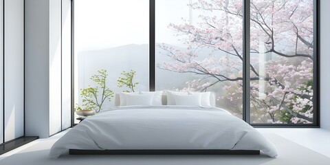 Wall Mural - Elegant Japanese-inspired Primary Bedroom with Cherry Blossom Views, Large Windows, and Staged Furniture. Concept Japanese Design, Cherry Blossom Views, Large Windows, Staged Furniture