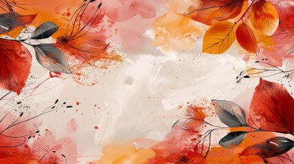 Wall Mural - a painting of leaves and flowers on a white background with orange and red colors