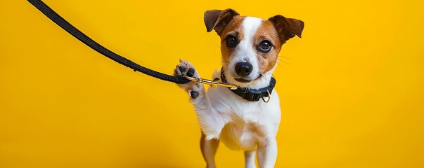 Wall Mural - Jack Russell terrier eagerly holding its leash on a bold yellow backdrop with room for text