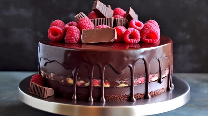 Poster - Delicious chocolate cake with glossy glaze and fresh raspberries on top. Styled as a celebration dessert. Ideal for parties, birthdays, and other special occasions. Gourmet food photography. AI