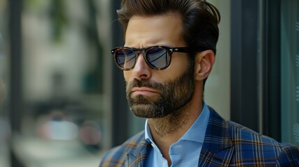 Wall Mural - a man with a beard and glasses looking off into the distance with a serious look on his face