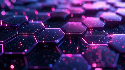 Wall Mural - Futuristic hexagon pattern with neon lights and digital elements. Vibrant colors and abstract style. Perfect for modern tech visuals, virtual reality concepts, and digital art projects. AI