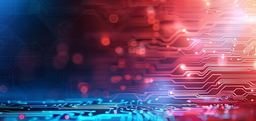 Poster - Abstract background with a blend of red and blue light and electronic circuit patterns, representing technology and innovation.