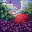 © Trichaiwat - Surreal landscape with a giant red sphere in a field of grapes under a vibrant sky.