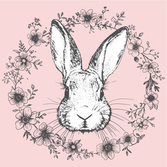 Rabbit with wreath of flowers, line vector illustration isolated on pink background. Hand drawn portrait of a cute rabbit with spring flowers.