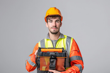 Front view young male worker with tool case on white background