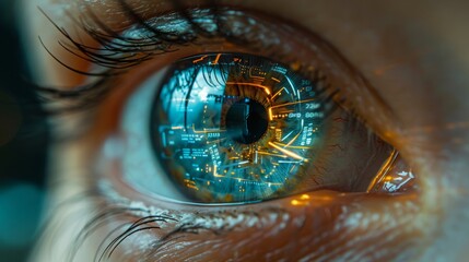 Canvas Print - A close-up image of a human eye with a futuristic digital interface overlayed on the iris, showcasing the potential of technology to enhance human vision.