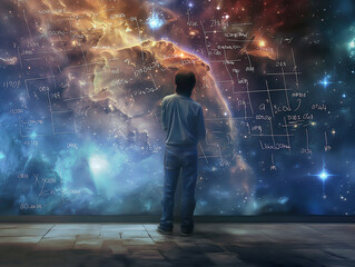 A young man is looking at an endless wall of mathematical equations and formulas, with his back to the camera. The background shows space and galaxies.