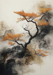 Wall Mural - Traditional chinese Ink painting vintage poster. Autumn landscape illustration