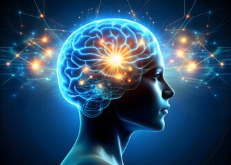 a human head with the brain abstract thought, and a background