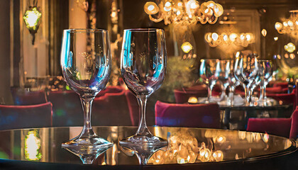 a close up of a plate of food on a table with a wine glass and wine bottle in the background.