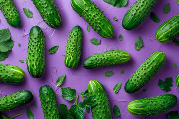 Wall Mural - Fresh Cucumber Pattern with Mint Leaves on Purple Background   Vibrant Summer Vegetables