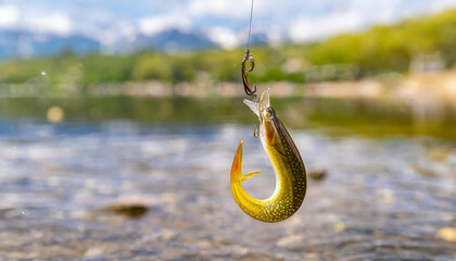 Wall Mural - Fishing. Close-up shut of a fish hook under water.