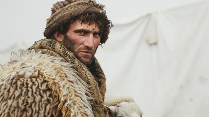 Canvas Print - A young shepherd posed against a white backdrop