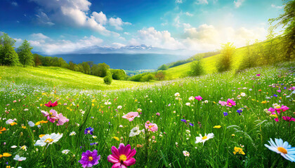 Wall Mural - Landscape of meadow with wildflowers and mountains in background, beautiful of a meadow full of wildflowers