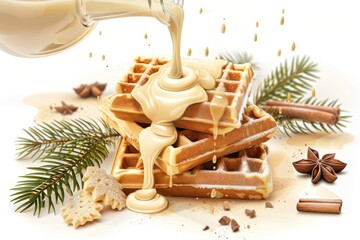 A drip shot of eggnog being poured over a holiday waffle stack Illustration on a clear white background --ar 3:2 --style raw Job ID: c12ab14d-1a2e-4c9e-95ee-0acbd2b7219e