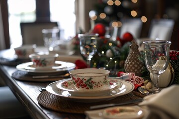 A warm and inviting table setting for a festive holiday dinner, complete with candles, evergreen, and a delicious meal. The perfect atmosphere for a cozy 'egg nog day' celebration.