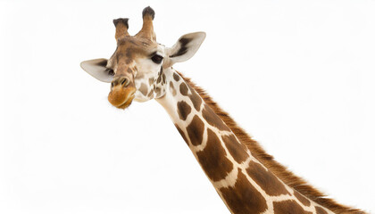 A fun and quirky portrait of a giraffe, upside down, its long neck and curious face presented against a stark white background, a playful twist on wildlife photography