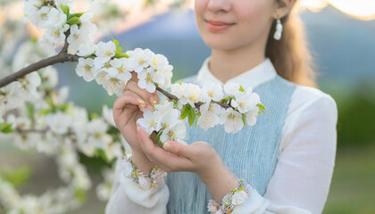 Girl holds a branch of blossoming apple tree in her hands. Close up of beautiful female hands holding a branch of blossoming fruit tree. Soft focus