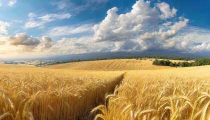 Wall Mural - beautiful illustration of a field of ripe wheat against the blue sky,