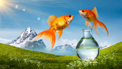 Canvas Print - Goldfish jumping out of round fishbowl into freedom