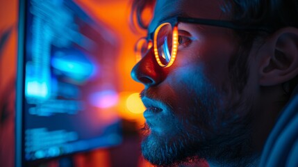 A close-up shot of a mans face illuminated by a computer screen. He is wearing glasses and looking intently at the screen.