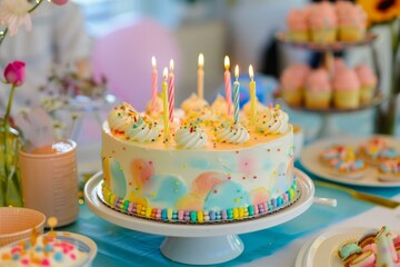 Wall Mural - Colorful birthday cake with lit candles sits on a table, surrounded by festive treats and decorations