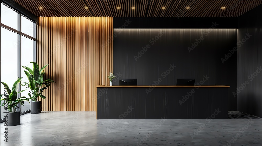 Modern office lobby interior design with black reception desk, wooden ...