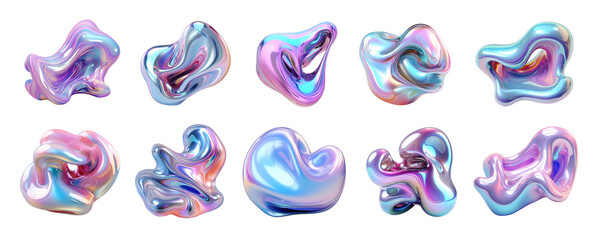PNG set of shiny liquid 3d form in the style of holographic colors, abstract fluid flowing composition, gradient iridescent texture	
