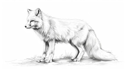 detailed black and white illustration of an arctic fox standing on the ground. perfect for wildlife 
