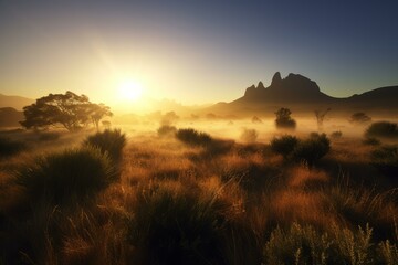 Wall Mural - Warm sunrise engulfing a mystical landscape with mountains and mist