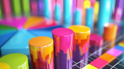 Poster - Abstract background of colorful bar graphs and pie charts representing business statistics.