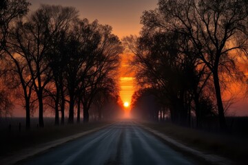 Wall Mural - Dramatic sunrise with vibrant colors between silhouetted trees on a rural road