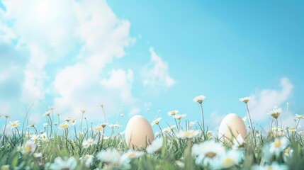 Easter Concept on Blue Sky Background with Copy Space