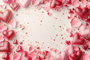 Wall Mural - Shiny glitter hearts shape frame 3d illustration background with valentines day concept greeting card, banners, poster, wallpapers