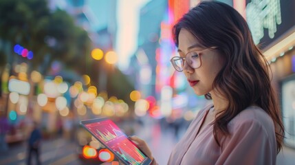Aufkleber - Businesswoman checking stock market indices and graphs on a digital tablet outdoors.