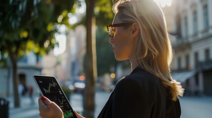 Aufkleber - Businesswoman checking stock market indices and graphs on a digital tablet outdoors.