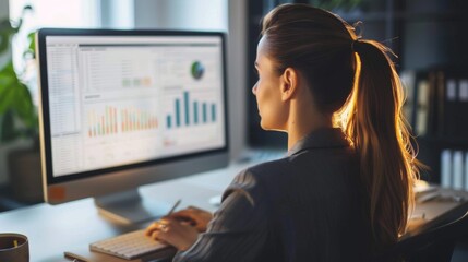 Poster - Businesswoman reviewing financial documents and market analysis reports on a desktop computer