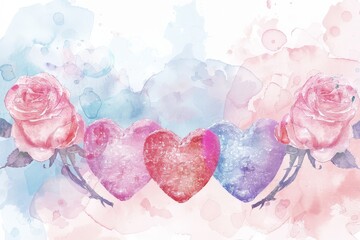 Wall Mural - Watercolor hearts and rose flower frame illustration background with valentines day concept greeting card, banners, poster, wallpapers