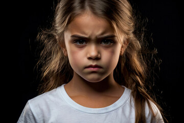 Poster - Portrait of frowning cover girl kid model 6 year old in white t-shirt expression emotion, angry looking at camera. Scowl child posing at black, studio shot. Kids emotional concept. Copy ad text space