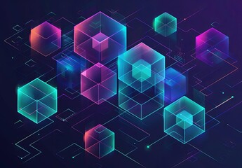 Futuristic Blockchain Technology with Neon Cubes and Dark Gradient Background