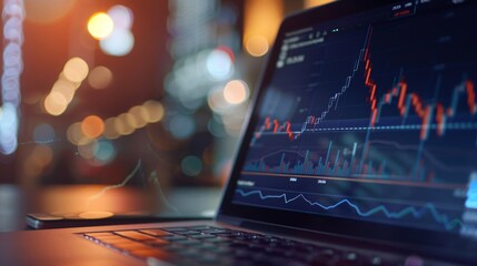 Poster - Close-up of a laptop screen displaying a line graph depicting stock market trends
