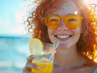 Joyful Woman with Orange Juice at the Beach on a Sunny Day