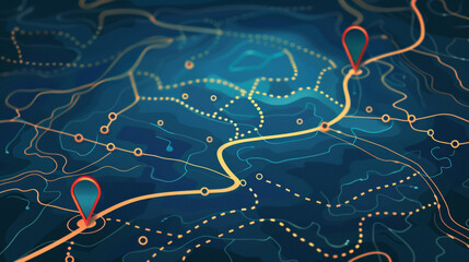 Route between two points with a broken path and a location pin. Location pointer with a continuous line. GPS navigation route mark.