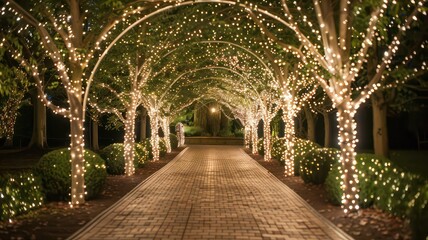 Naklejka na meble A magical tree-lined path illuminated by a canopy of twinkling fairy lights, creating an enchanting atmosphere. Perfect for evening events, weddings, or romantic garden settings