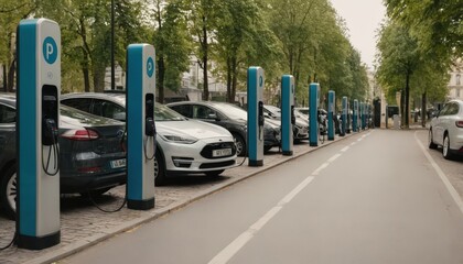 This is a street scene with several cars parked alongside the road, next to blue parking meters labeled P The sky above is overcast and gray, casting a muted light over the scene