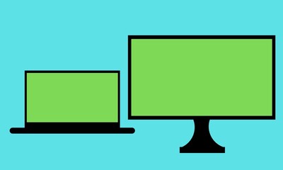 Wall Mural - Desktop and tablet with green screens. Device mockup template. Set of computer monitor, computer, laptop, phone, tablet isolated on green background. Flat vector illustration. Flat design devices icon