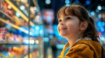 a young girl looks with wonder and excitement at colorful displays in a store, her face illuminated 