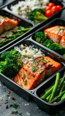 close-up of a meal prep container with grilled salmon, rice, broccoli, and asparagus